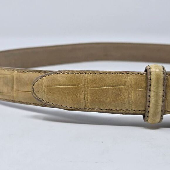BRIGHTON CREAM TAN CROC LEATHER SILVER WESTERN BUCKLE WOMENS SIZE 30 M 1" WIDE - Picture 3 of 6